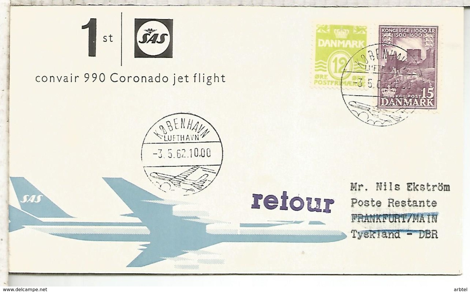 DINAMARCA 1962 CC PRIMER VUELO SAS COPENAGUE FRANKFURT 1962 - Cartas & Documentos