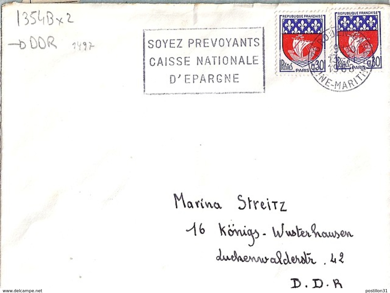 TP N° 1354B X 2  SUR LETTRE DE 1968 POUR ALLEMAGNE DE L'EST - 1941-66 Armoiries Et Blasons