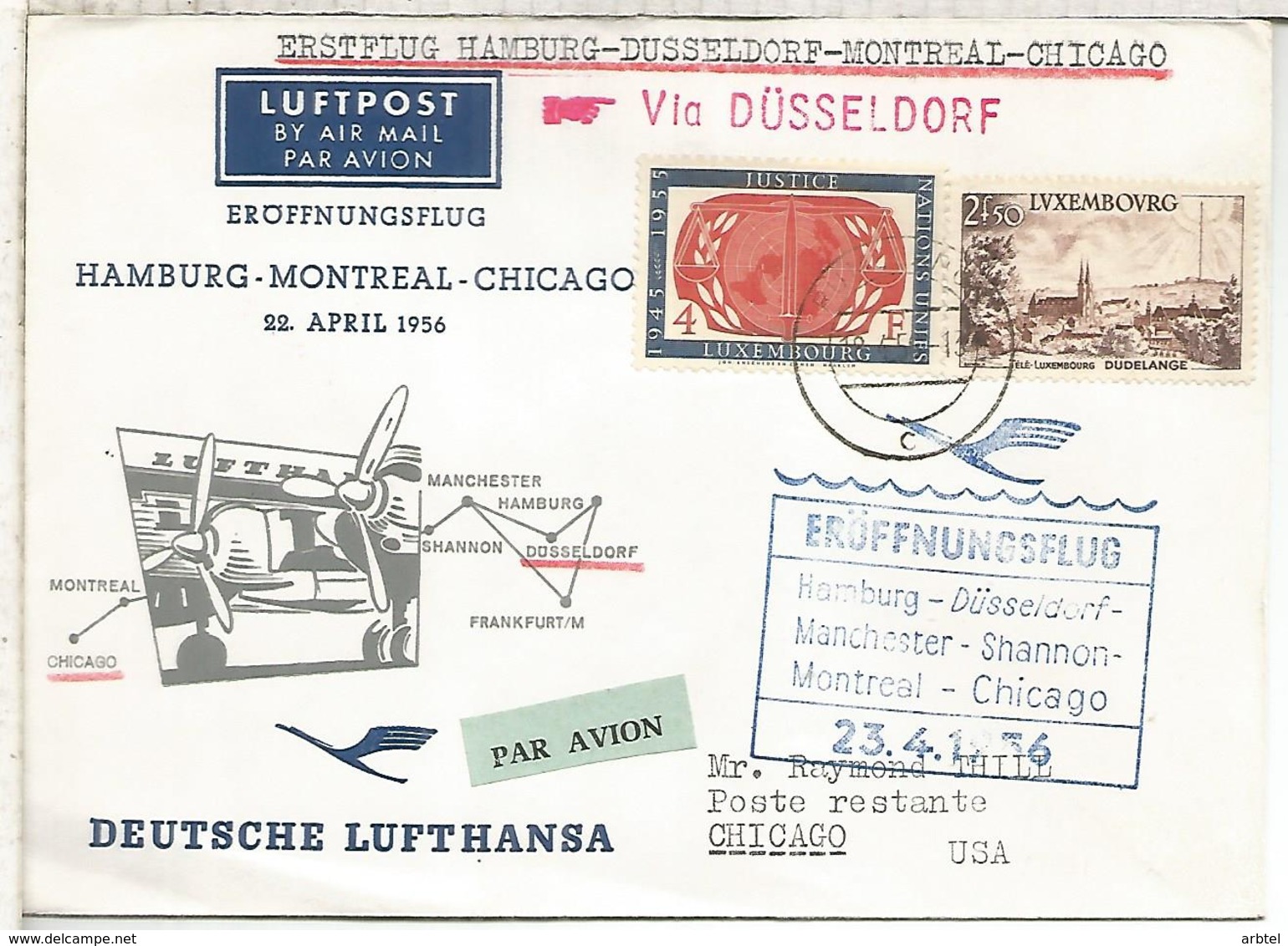 LUXEMBOURG 1956 CC PRIMER VUELO LUFTHANSA HAMBURG MONTREAL CHICAGO - Cartas & Documentos