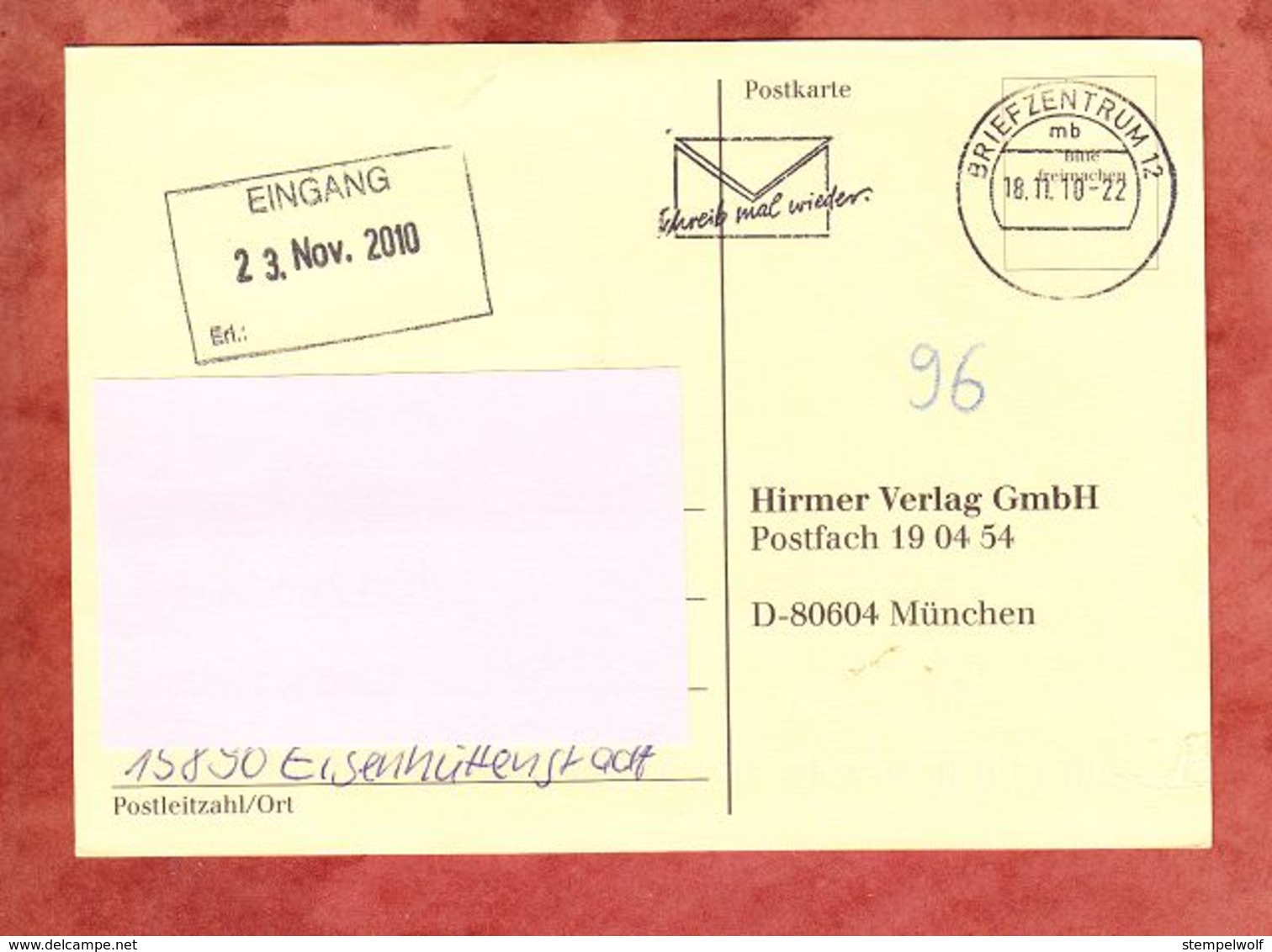 Karte, Unfrankiert, Mit Nachporto Belegt, Eisenhuettenstadt Ueber Briefzentrum 12 Nach Muenchen 2010 (69142) - Covers & Documents