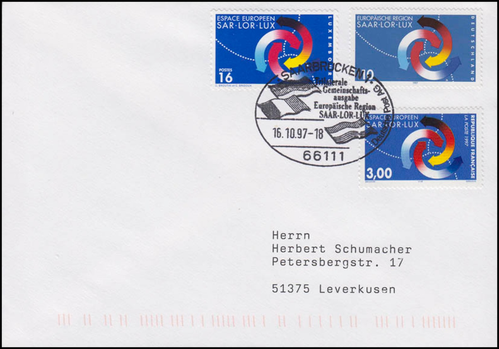 1957 Saar-Lor-Lux Mit Frankreich Und Luxemburg FDC I ESSt Saarbrücken 16.10.1997 - Gemeinschaftsausgaben