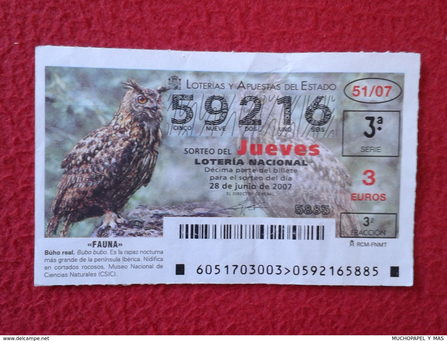 SPAIN DÉCIMO CUPÓN DE LOTERÍA LOTTERY LOTERIE ANIMAL FAUNA WILDLIFE BÚHO REAL LECHUZA O SIMIL OWL HIBOU BIRDS BIRD VER F - Billetes De Lotería