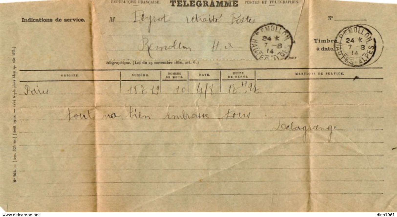 TB 2446 - PARIS X REMOLLON 1914 - Postes Et Télégraphe - Télégramme - Telegraph And Telephone