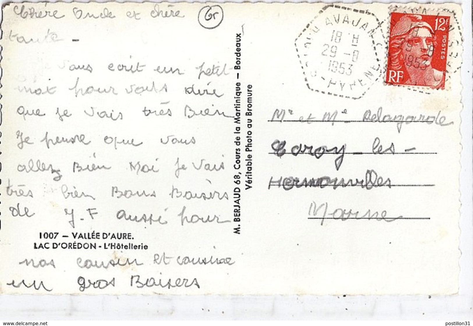 65 - HAUTES PYRENEES - AVAJAN - 1953 - TàD De Type  F7 - Cachets Manuels