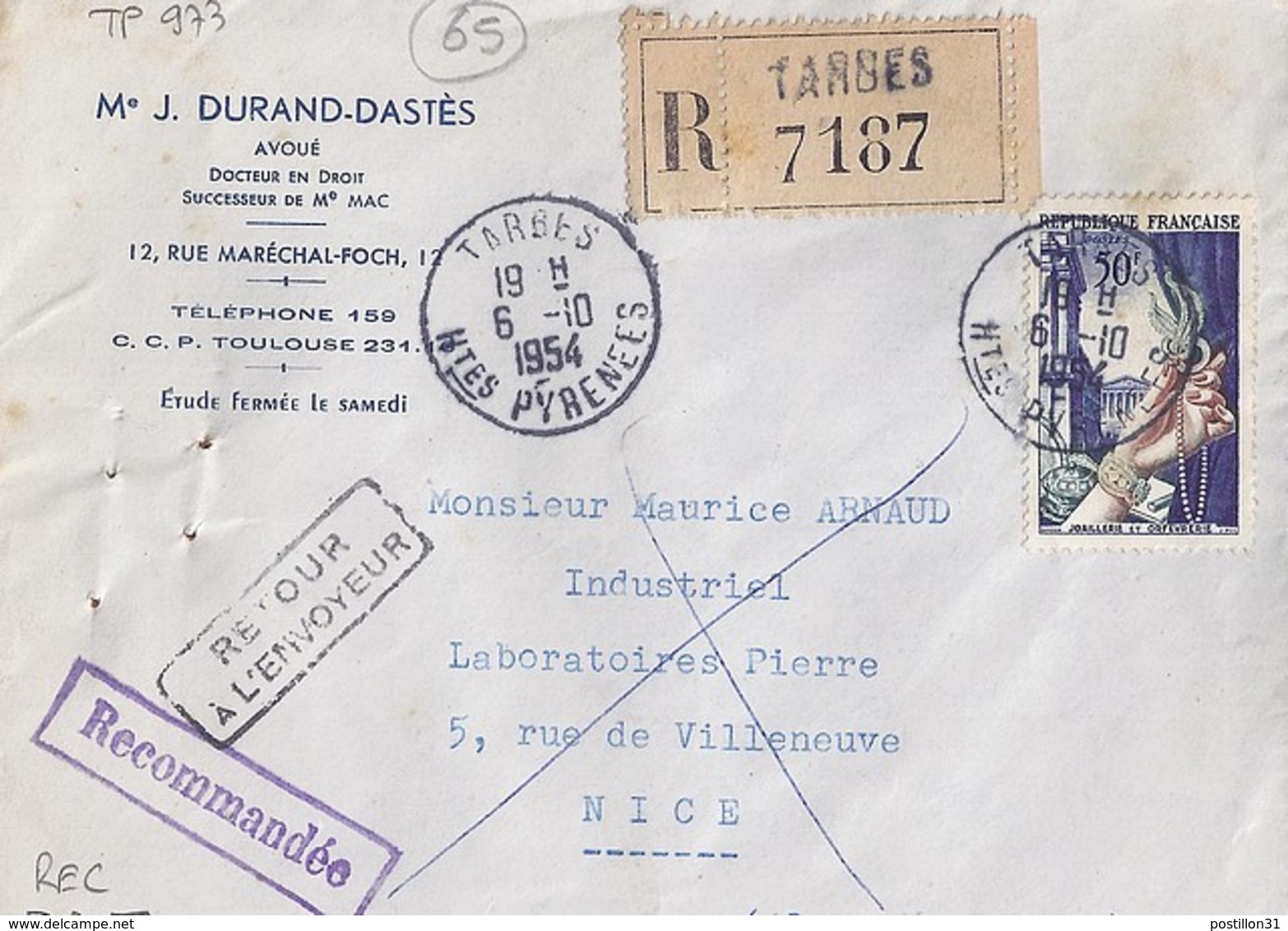 65 - HAUTES PYRENEES - TARBES - 1952/56 - TàD De Type A7 - Cachets Manuels