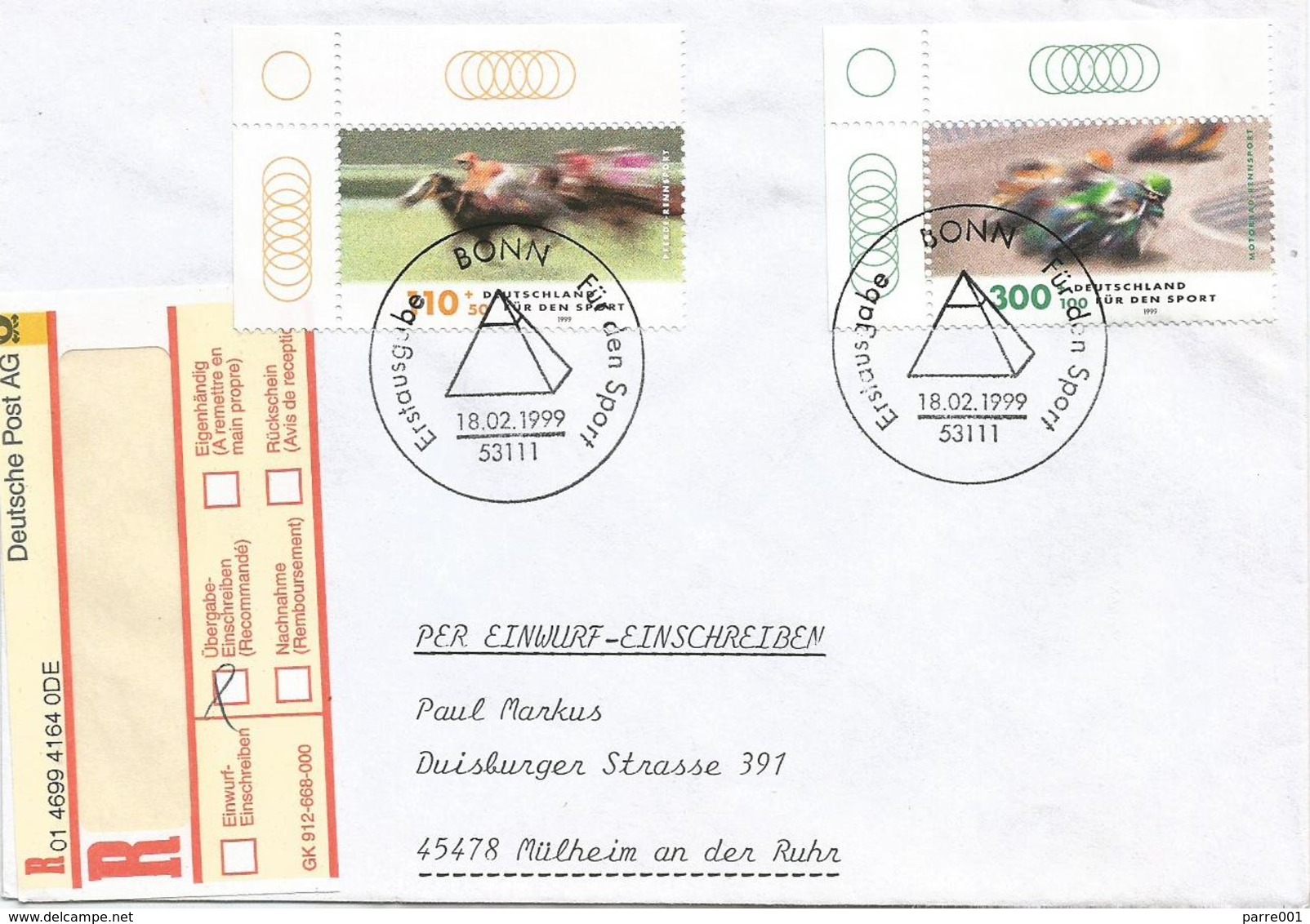 Germany 1999 Bonn Mottorrad Rennsport Moto Horse Jumping FDC Registered Cover - Motorbikes
