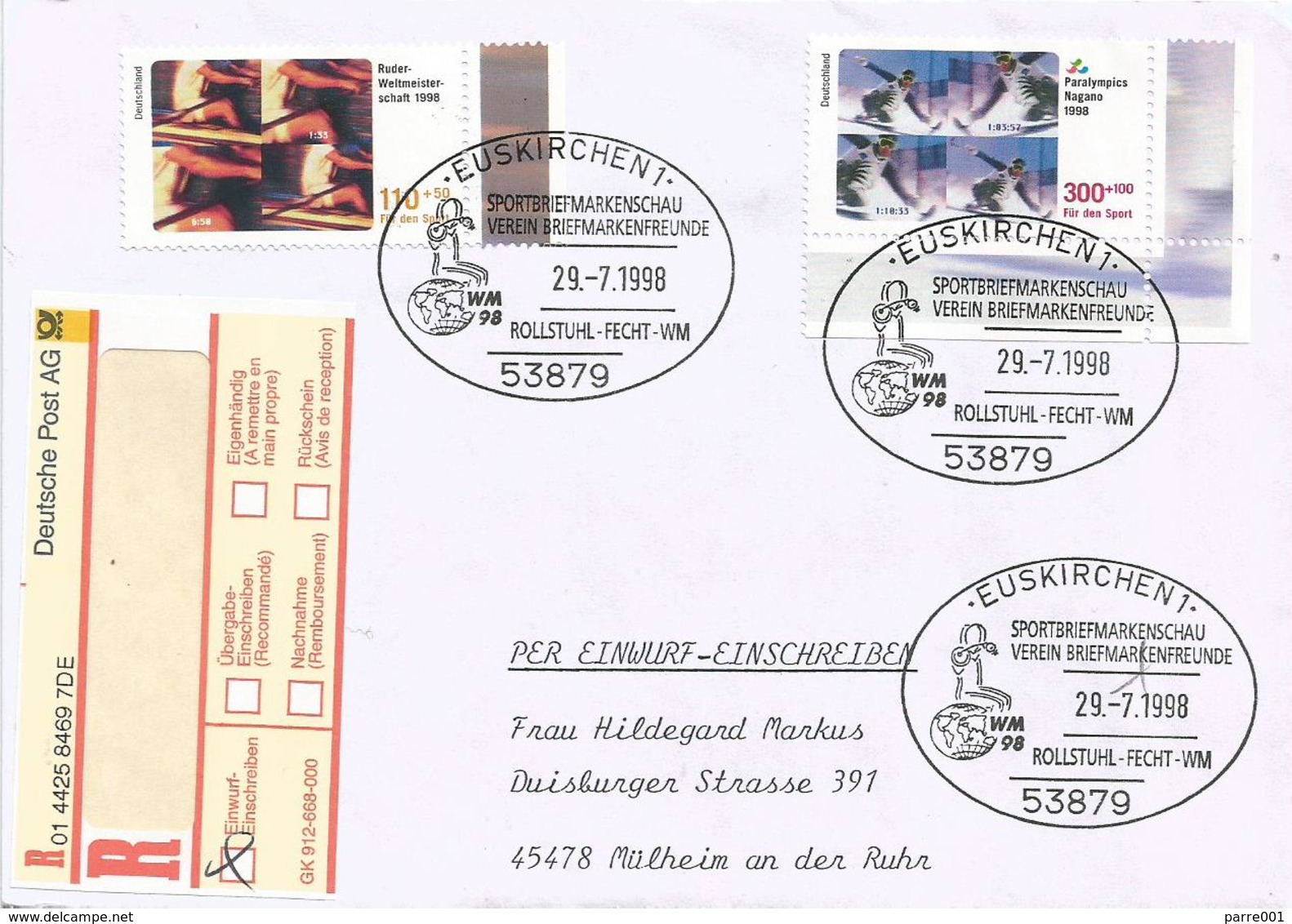 Germany 1998 Euskirchen World Cup Rolling Chair Rollstuhl Fecht Fencing Rowing Paralymics Nagano Registered Cover - Handisport