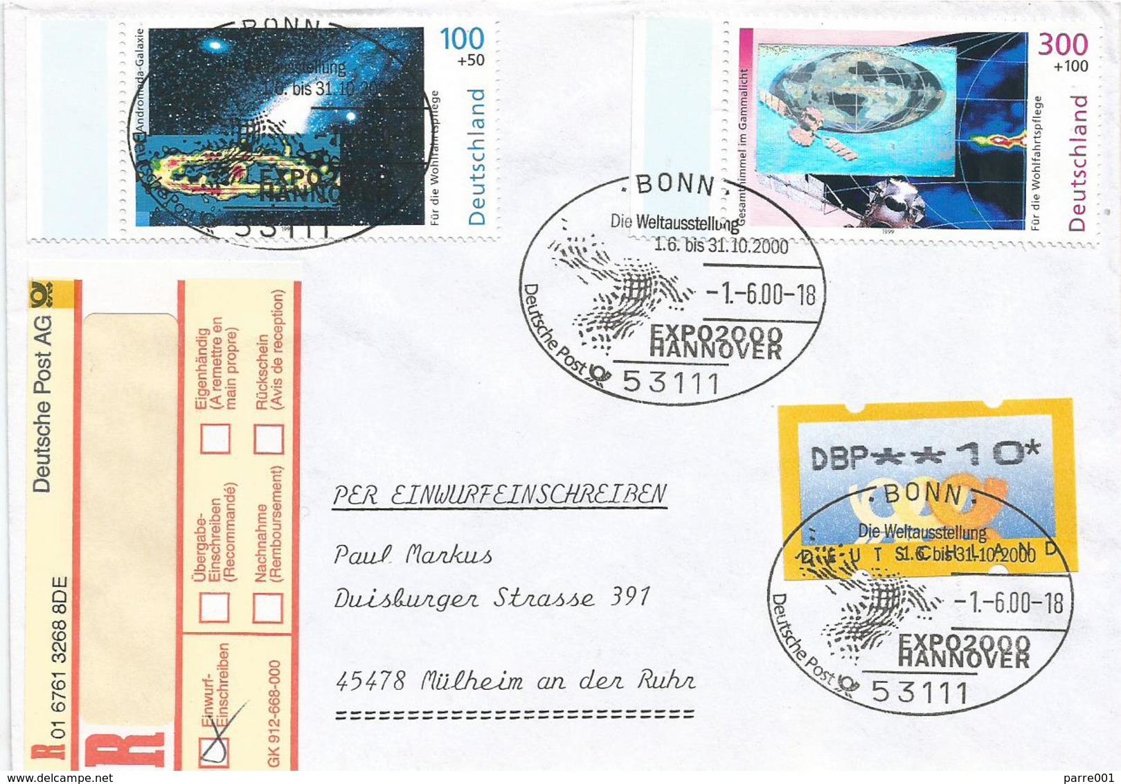 Germany 2000 Bonn World Expo Hannover Space Gamma Light Hologram Registered Cover - 2000 – Hannover (Duitsland)