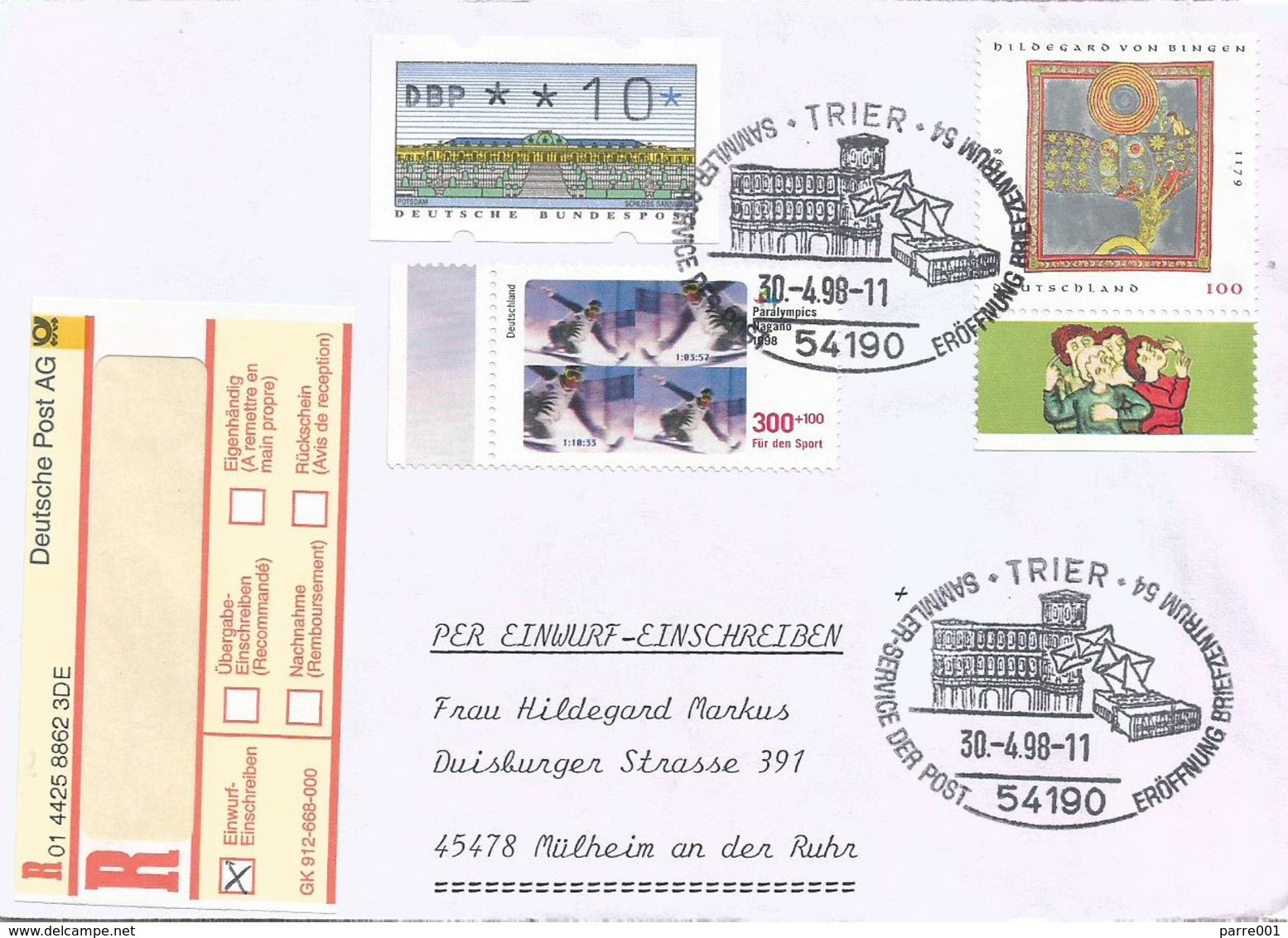 Germany 1998 Trier Paralympics Nagano Skiing Roman Gate Registered Cover - Sport Voor Mindervaliden