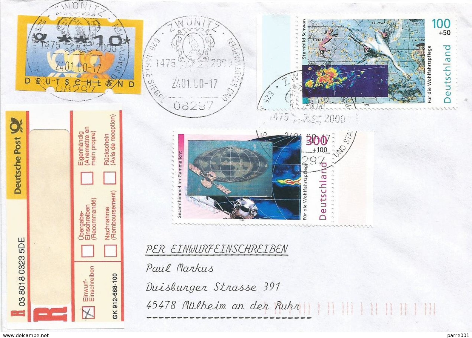 Germany 2000 Zwönitz Swan Zodiac Space Gamma Light Hologram Registered Cover - Hologrammen