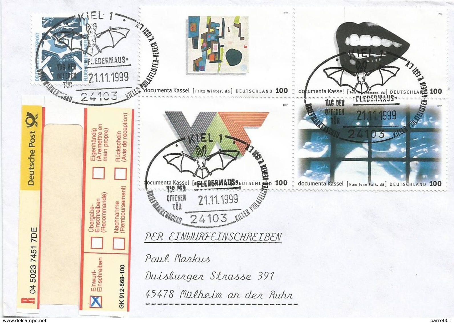 Germany 1999 Kiel Fledermaus Bat Documenta Kassel Art Registered Cover - Vleermuizen