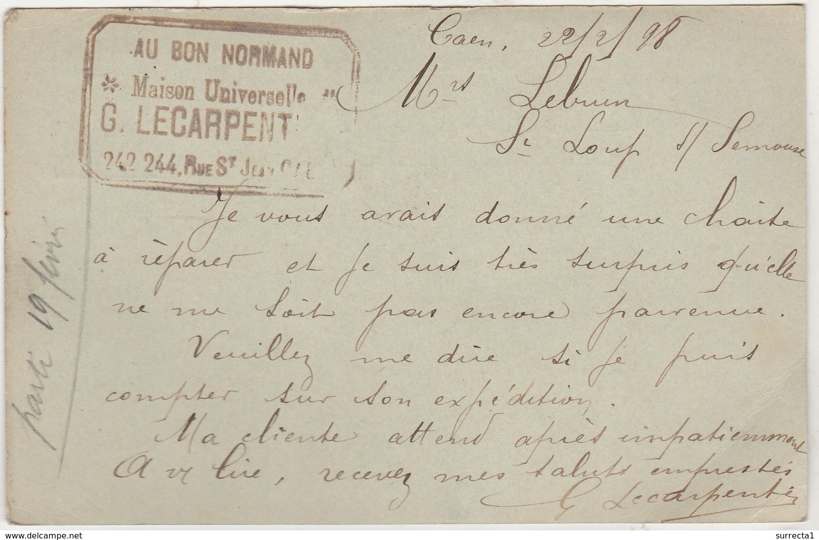 Carte Commerciale 1898 / Entier / G. LECARPENTIER / Meubles "Au Bon Normand"/ 14 Caen Calvados - Autres & Non Classés