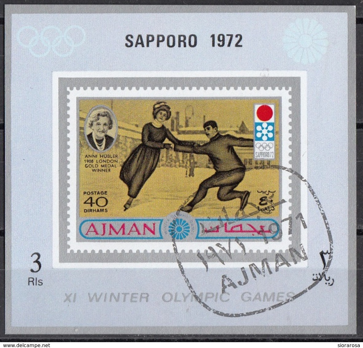 Ajman 1971 Mi. 763B Anna Hubler Oro Londra 1908 Pattinaggio (Sapporo '72) Sheet Nuovo CTO - Figure Skating