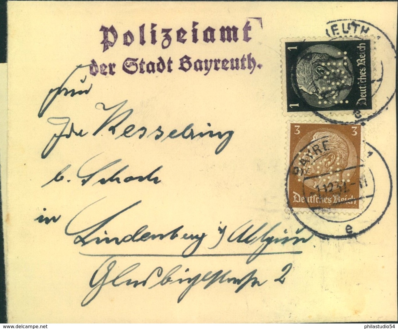 1937, 1 Und 3 Pfg. Hindenburg Mit "POL" Lochung, Streifband Ab BAYREUTH - Sonstige & Ohne Zuordnung