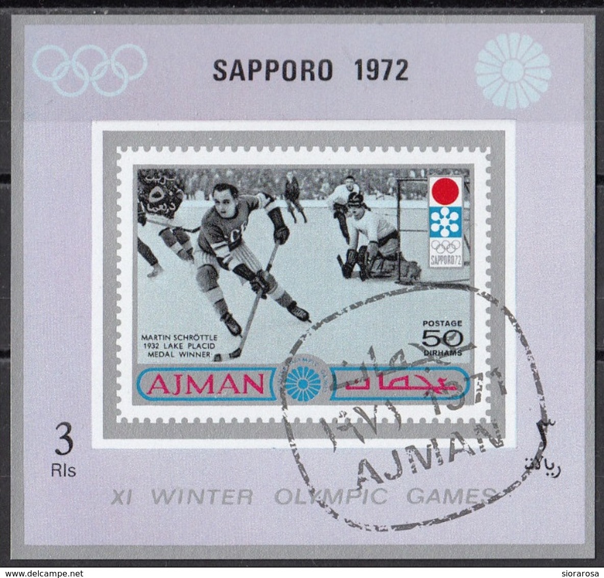 Ajman 1971 Mi. 765B Martin Schröttle Oro Lake Placid 1932 Hockey Su Ghiaccio (Sapporo '72) Nuovo Preobliterato - Ajman