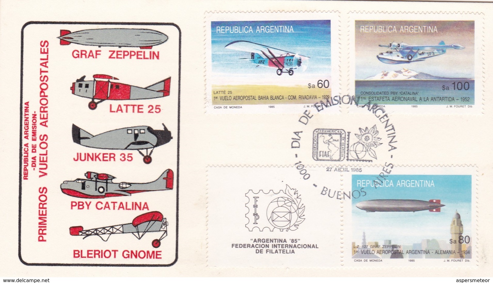 PRIMEROS VUELOS AEROPOSTALES-FDC 1985 L'ARGENTINE, CARD. 3 DIFFERENT STAMPS - BLEUP - Otros (Aire)