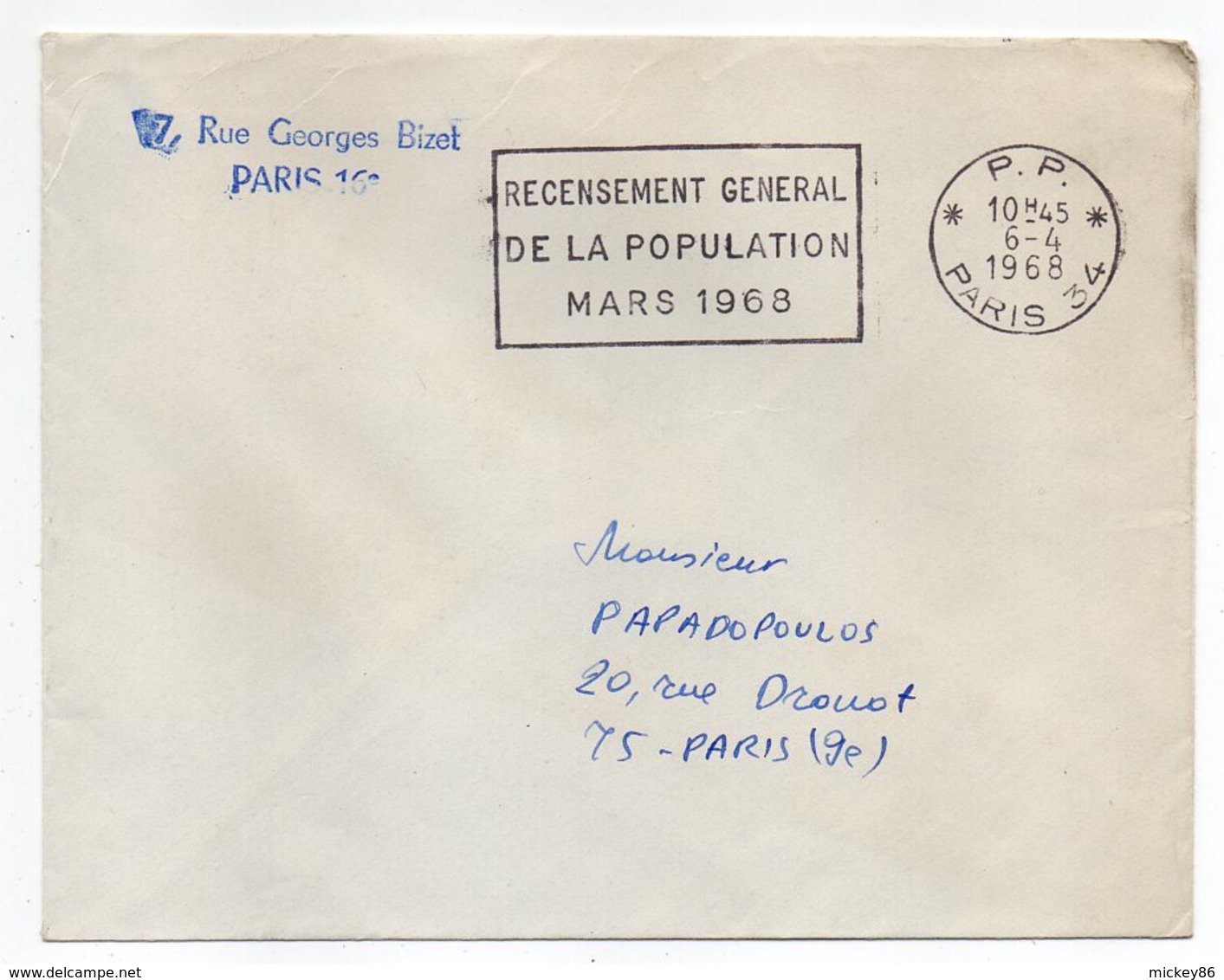 1968--Lettre De PARIS 34 Pour Paris 19°--flamme Recensement Population MARS 1968-cachet  PP  PARIS 34 - 1961-....