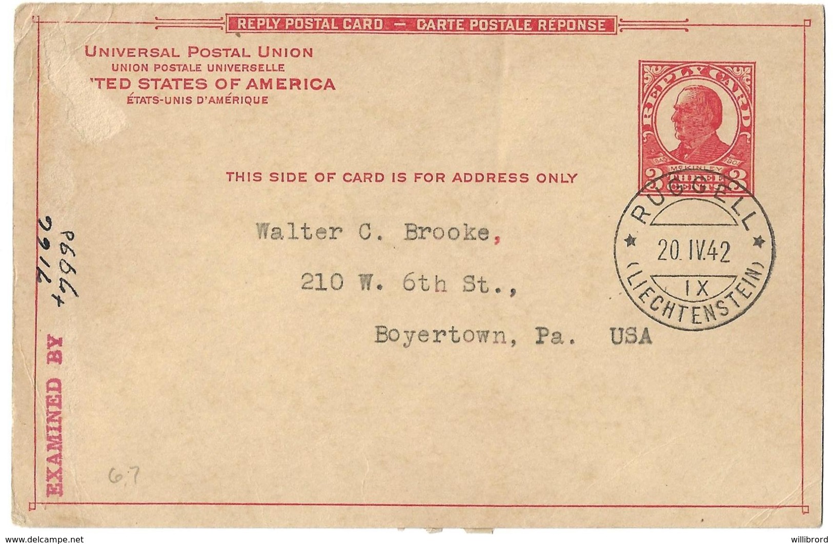 UNITED STATES - UY12 International Reply Card Returned In 1942 From Ruggell LIECHTENSTEIN Censored - 1921-40