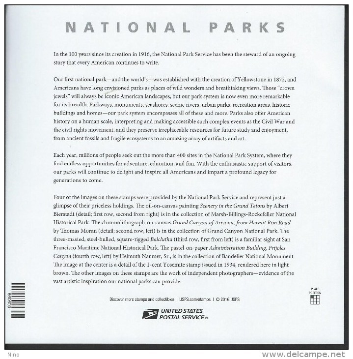 USA. Scott # 5080a-p, MNH Sheet Of 16. National Parks Cent. 2016 - Sheets