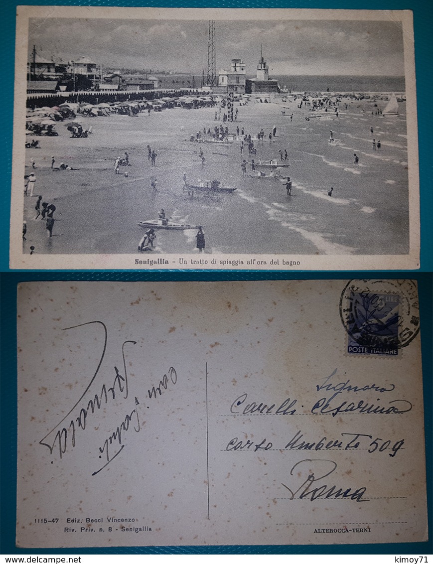 Cartolina Senigallia (Ancona) - Un Tratto Di Spiaggia All'ora Del Bagno. Viaggiata 1950 - Ancona