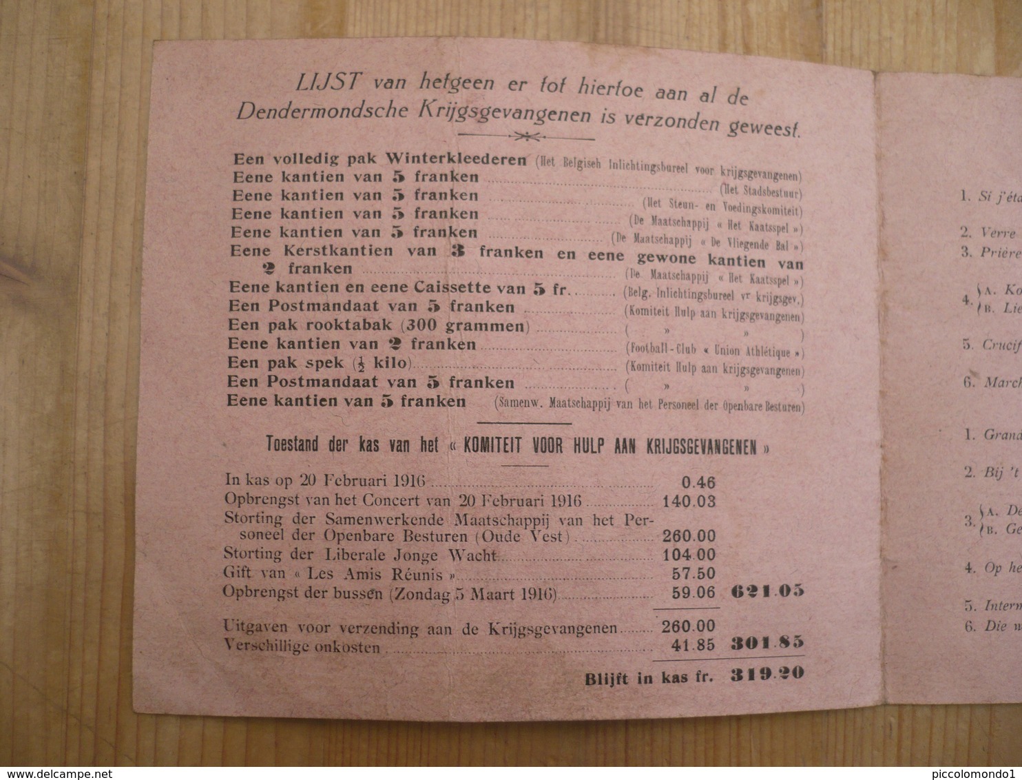 Dendermonde Eeste Wereldoorlog 1916 Krijgsgevangenen Comiteit Muzikaal Avondfeest - Programmes