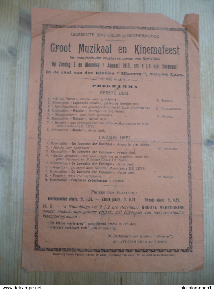 Sint Gillis Dendermonde Ten Voordele Krijgsgevangenen Muzikaal Cinemafeest 1918 Kinema Minerva - Affiches