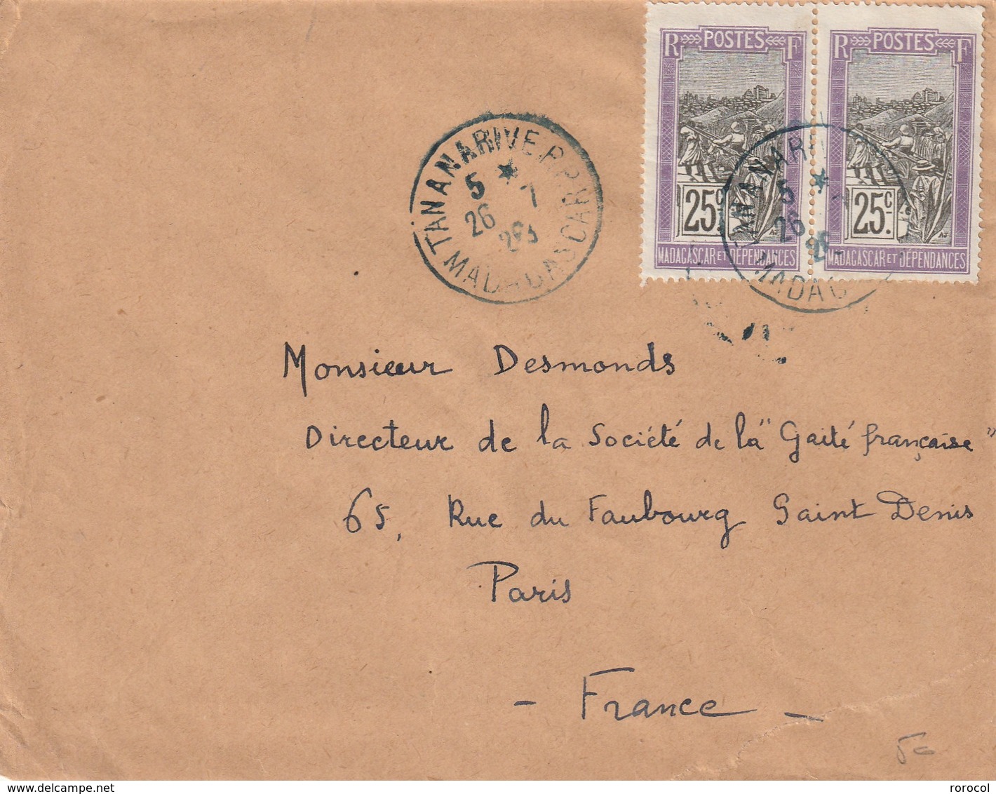 MADAGASCAR Lettre 1923 TANANARIVE R.P. - Lettres & Documents