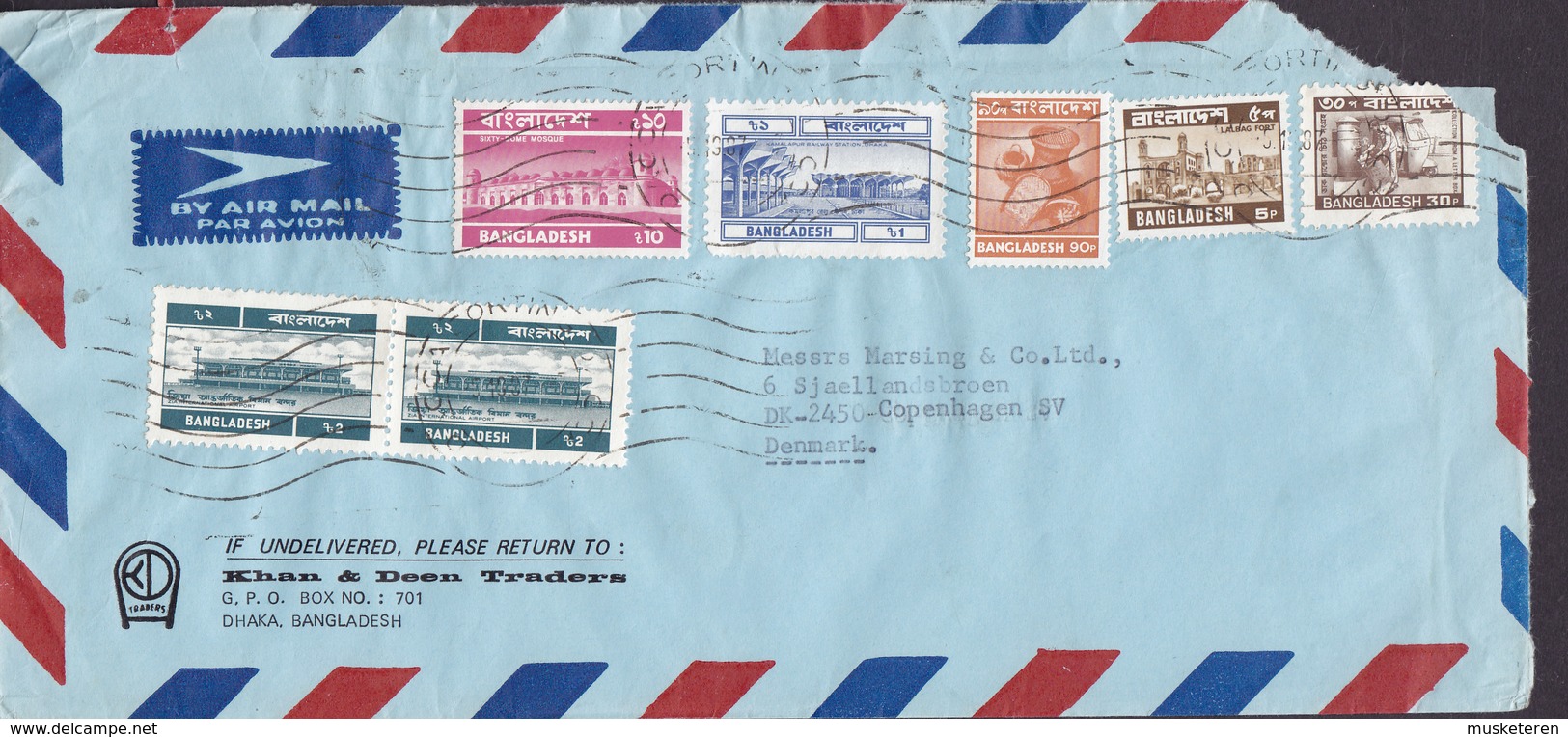 Bangladesh Airmail Par Avion KHAN & DEEN TRADERS 1987 Mult Franked Cover Brief To Denmark 1T, (2x) 2T,  10T Stamps - Bangladesch