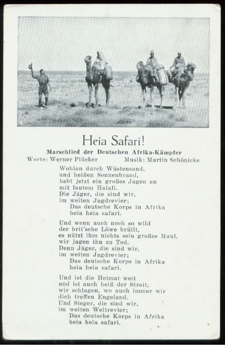 WW II Liederkarte Kamele Soldaten : Heia Safari , Marschlied Der Deutschen Afrika Kämpfer ,ungebraucht. - Cartas & Documentos