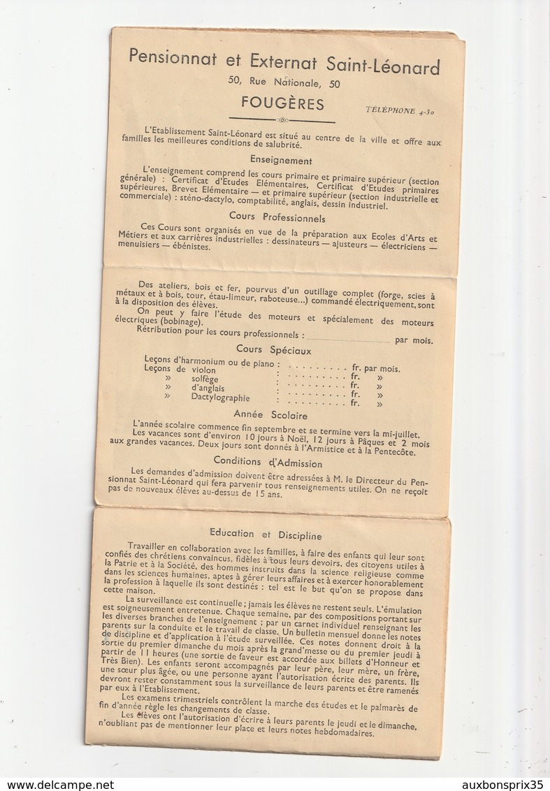 FOUGERES - CARNET PENSIONNAT ET EXTERNAT SAINT LEONARD - 50 RUE NATIONALE - PHOTOS PLUS REGLEMENT INERNE - 35 - Ohne Zuordnung
