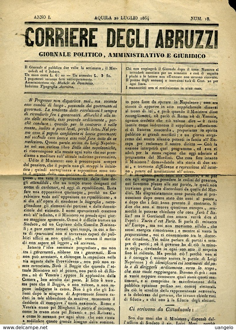 253 CORRIERE DEGLI ABRUZZI 1864 BRIGANTAGGIO TORNIMPARTE  PESCOCOSTANZO - Avant 1900