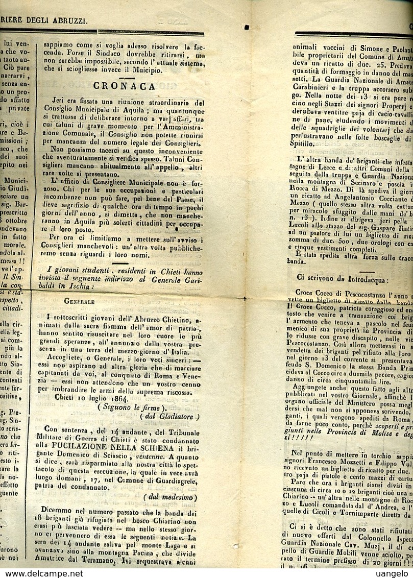 253 CORRIERE DEGLI ABRUZZI 1864 BRIGANTAGGIO TORNIMPARTE  PESCOCOSTANZO - Ante 1900