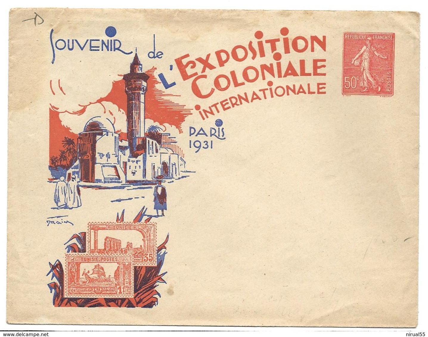 Entiers Postaux Enveloppe Commémorative 50c Semeuse Ref D7b Souvenir De L'Exposition Coloniale Internationale De 1931 .G - Enveloppes Repiquages (avant 1995)