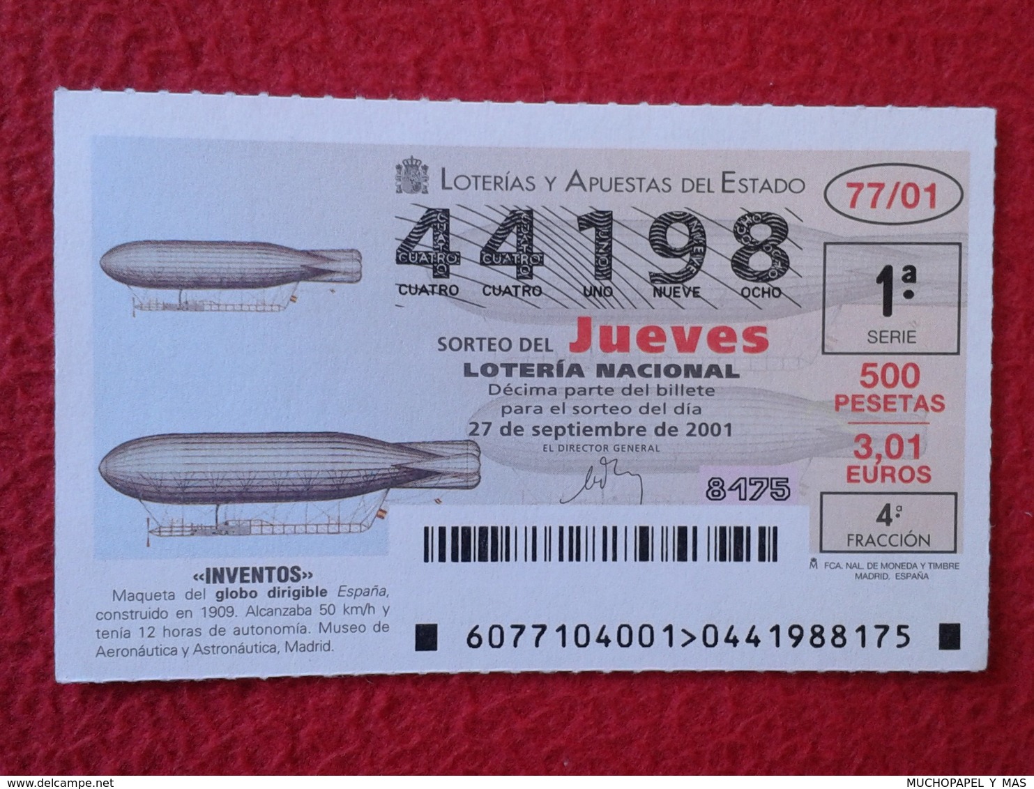 SPAIN DÉCIMO CUPÓN DE LOTERÍA LOTTERY LOTERIE GLOBO DIRIGIBLE AIRSHIP ZEPPELIN INVENTOS AERONÁUTICA MUSEO DE MADRID VER - Billetes De Lotería