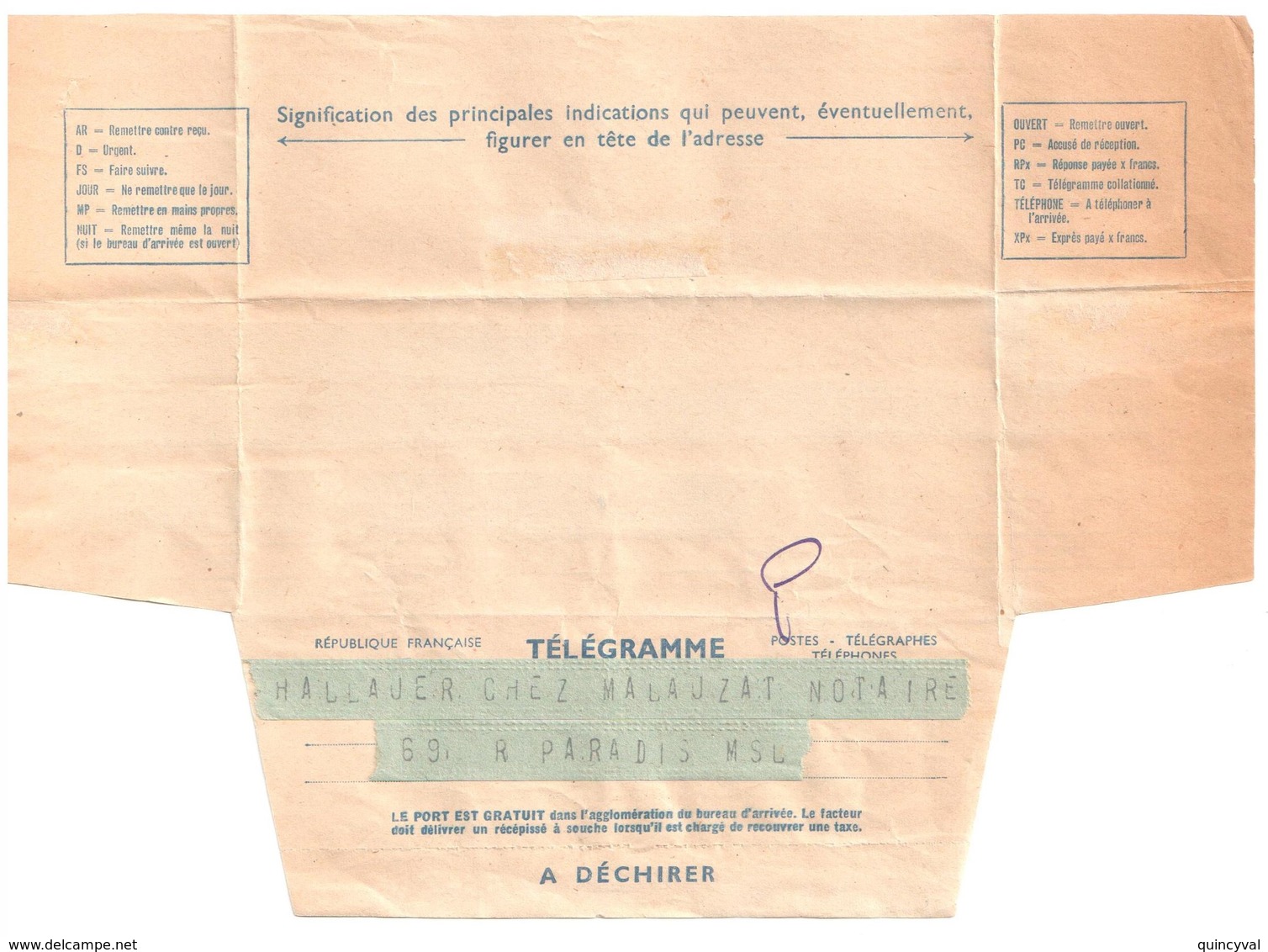 MARSEILLE St FERREL Télégramme D'Avocat   Notaire Malaujat Aff Hallauer Ob 317 1947 Formule 704 Oberthur 511 050I - Telegrafi E Telefoni