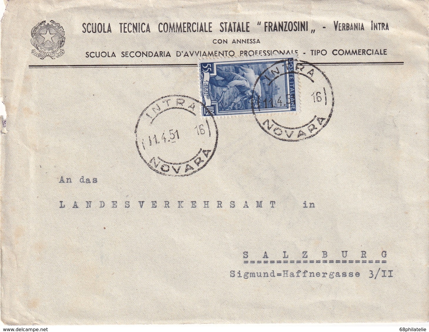 ITALIE 1951 LETTRE DE INTRA - 1946-60: Marcophilie