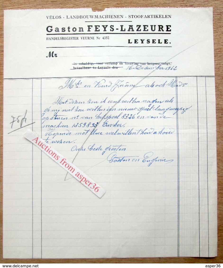 Vélos, Landbouwmachienen, Stoofartikelen, Gaston Feys-Lazeure, Leisele (Alveringem) 1942 - 1900 – 1949