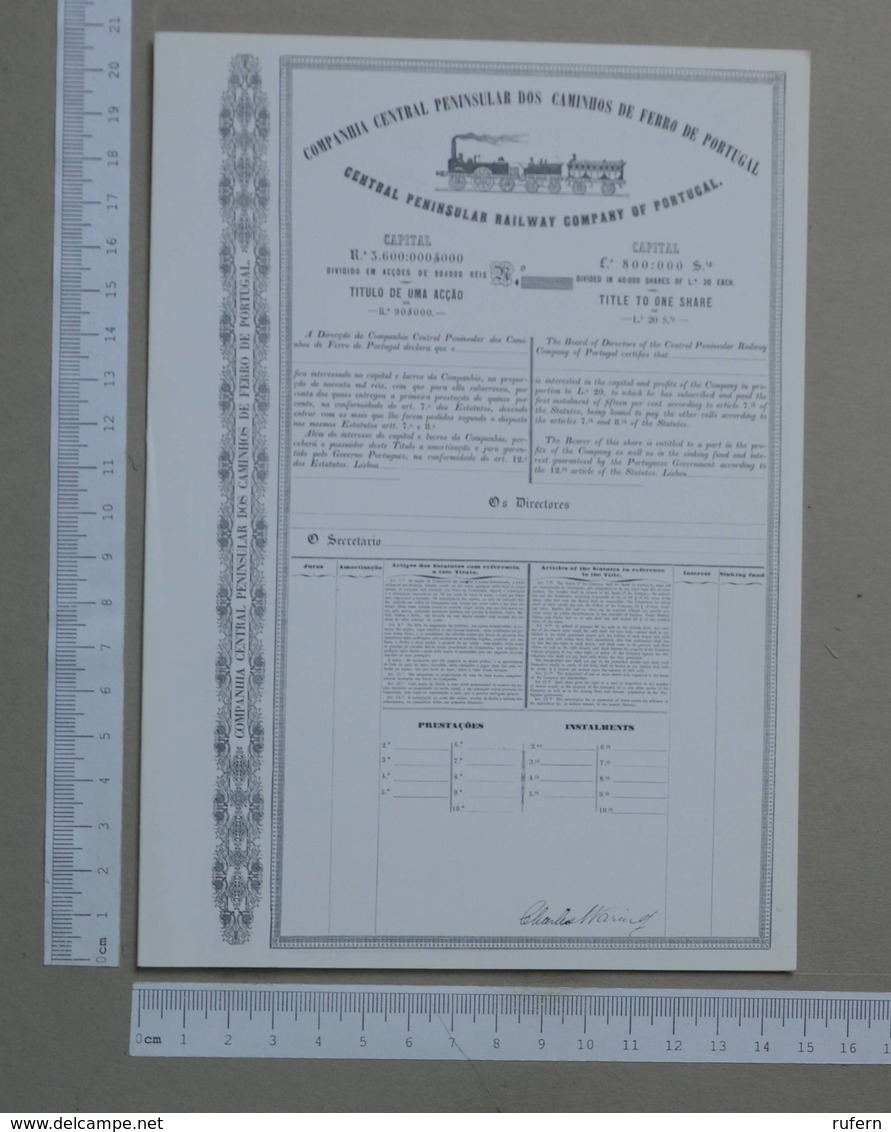 REPRODUÇÃO DE UMA ACÇÃO -  COMPª CENTRAL PENINSULAR  DO CAMINHO FERRO PORTUGUES -   2 SCANS  - (Nº27513) - Documents Historiques