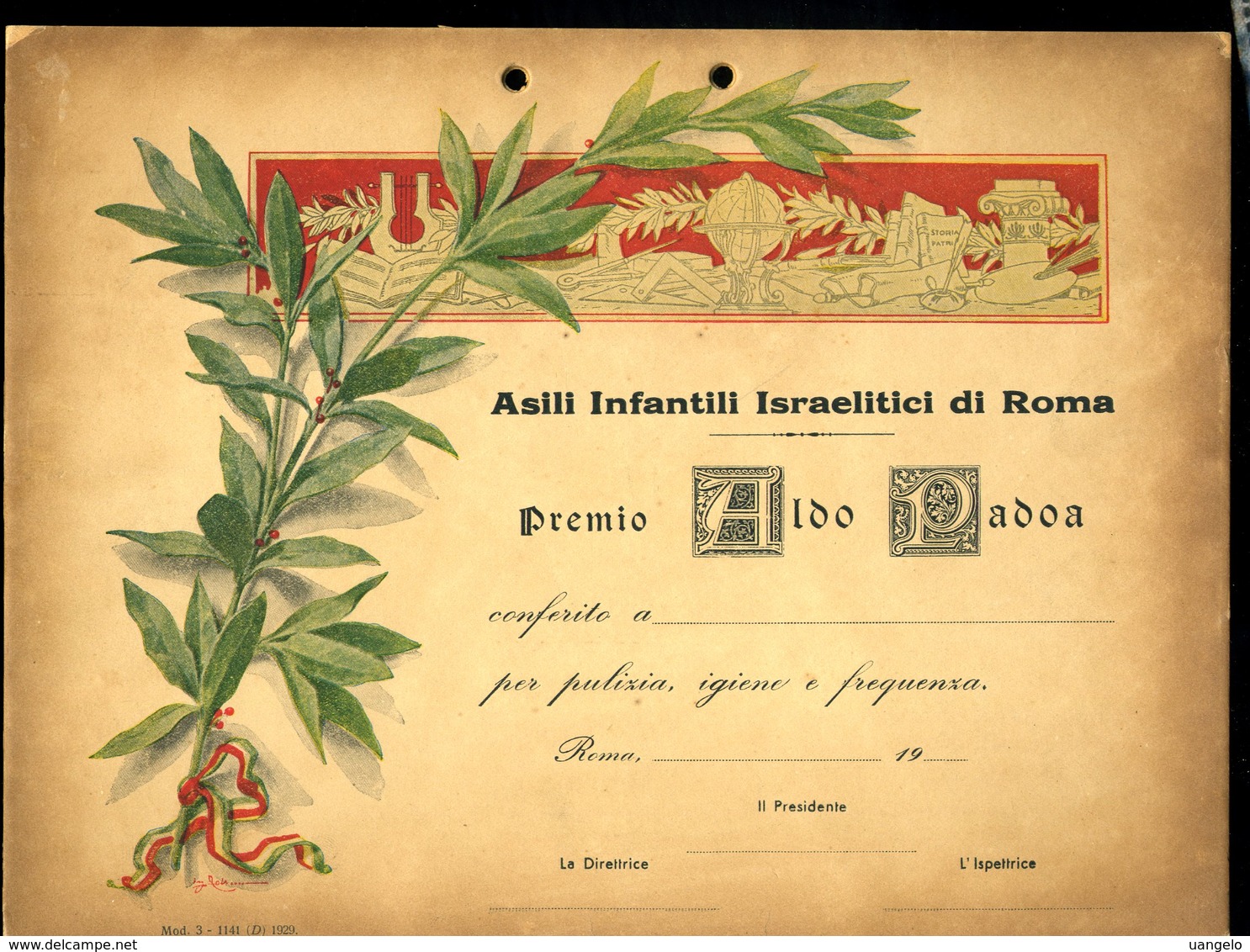 248 Juive  Jewish  ASILI INFANTILI ISRAELITICI DI ROMA PREMIO ALDO PADOA , ATTESTATO IN BIANCO - Historische Documenten