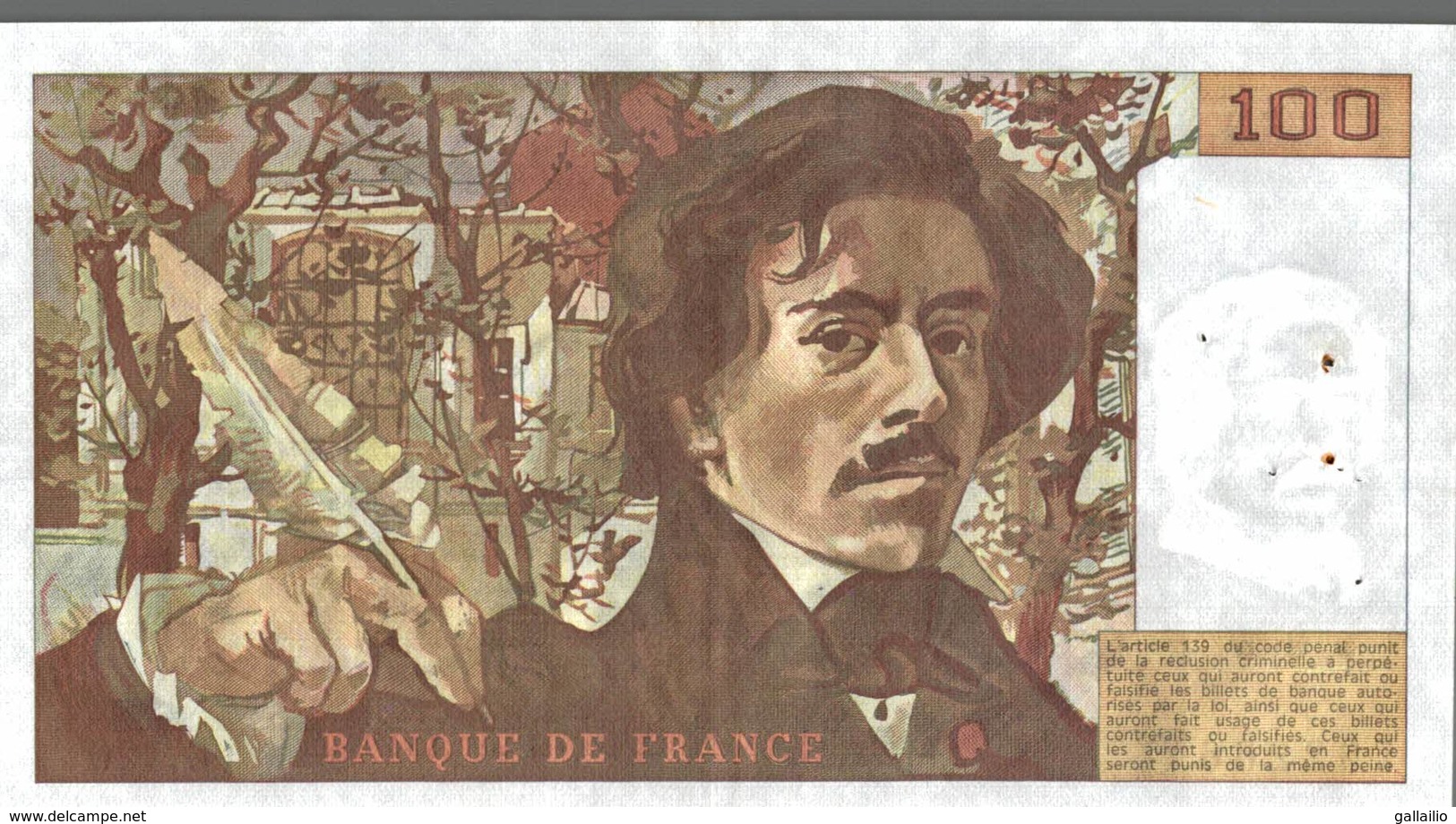 BILLET DE 100 FRANCS DELACROIX DE 1987 - 100 F 1978-1995 ''Delacroix''