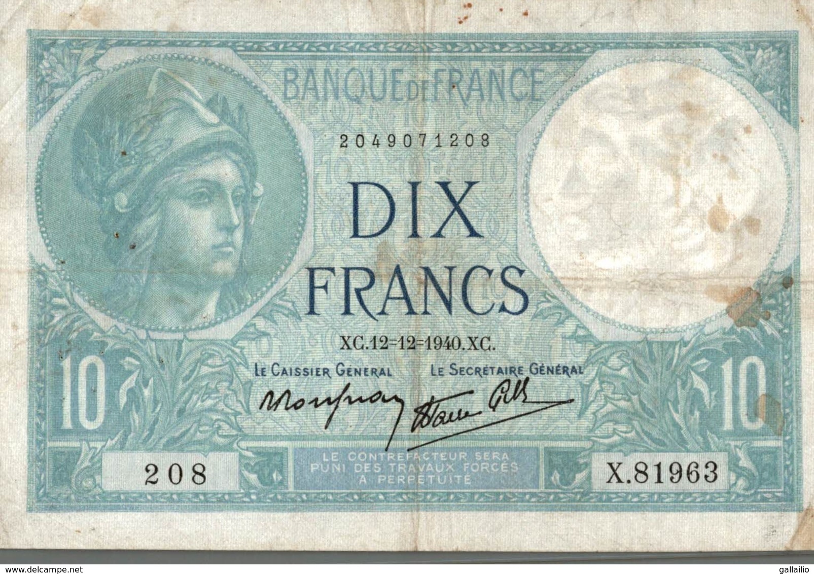 BILLET DE 10 FRANCS DE 1940 - 10 F 1916-1942 ''Minerve''