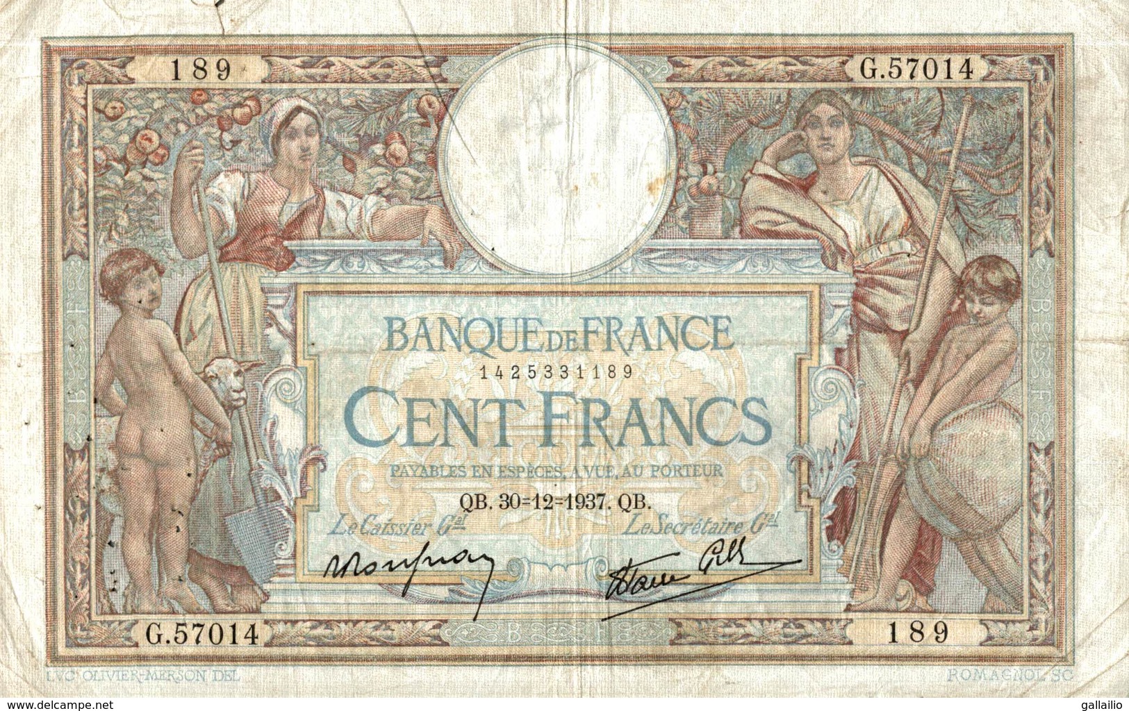 BILLET DE 100 FRANCS DE 1937 - 100 F 1908-1939 ''Luc Olivier Merson''