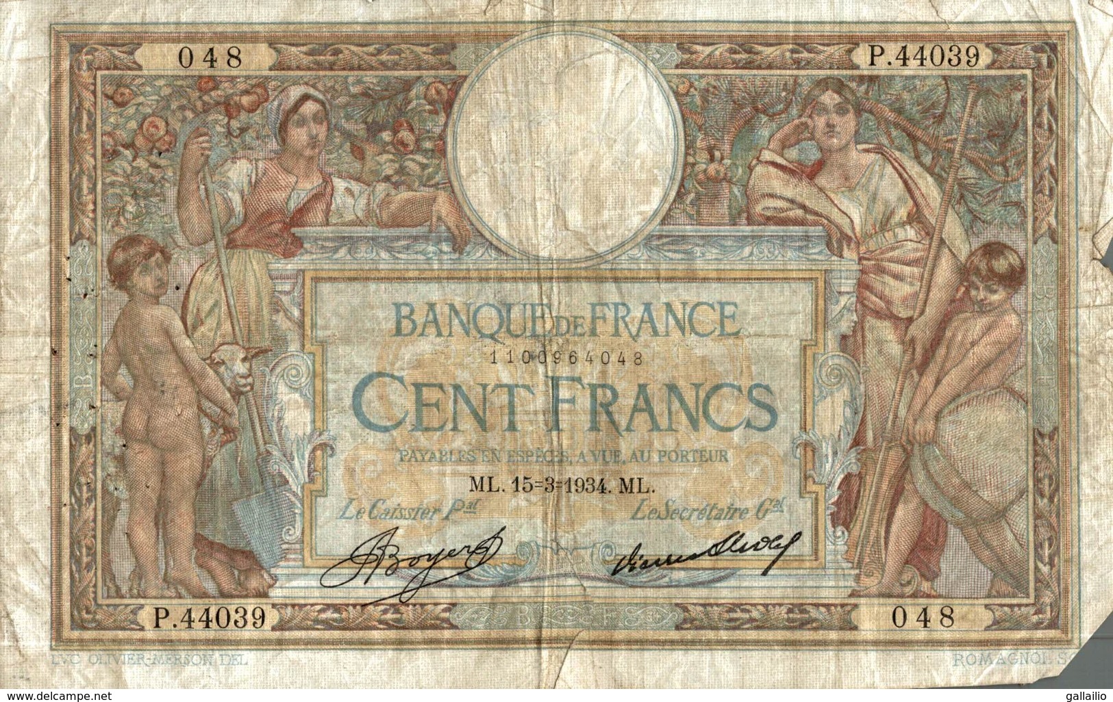 BILLET DE 100 FRANCS DE 1934 - 100 F 1908-1939 ''Luc Olivier Merson''