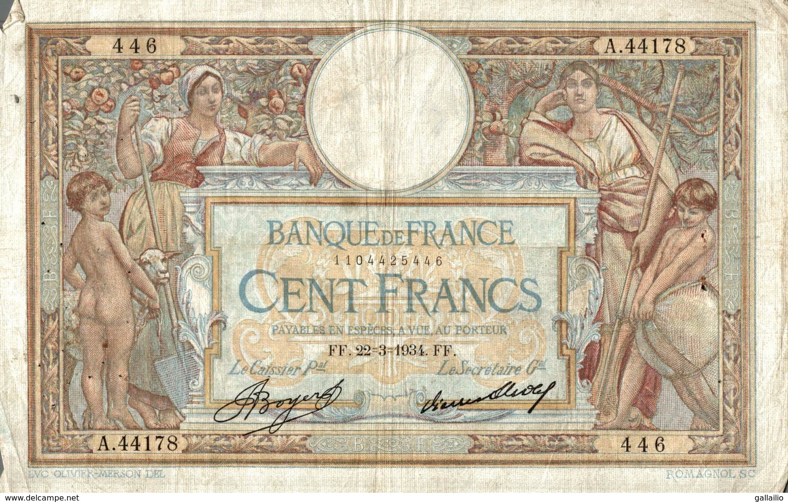 BILLET DE 100 FRANCS DE 1934 - 100 F 1908-1939 ''Luc Olivier Merson''