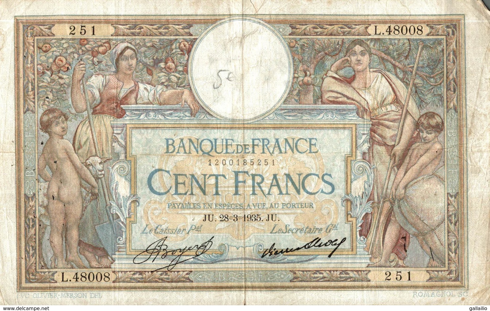 BILLET DE 100 FRANCS DE 1935 - 100 F 1908-1939 ''Luc Olivier Merson''