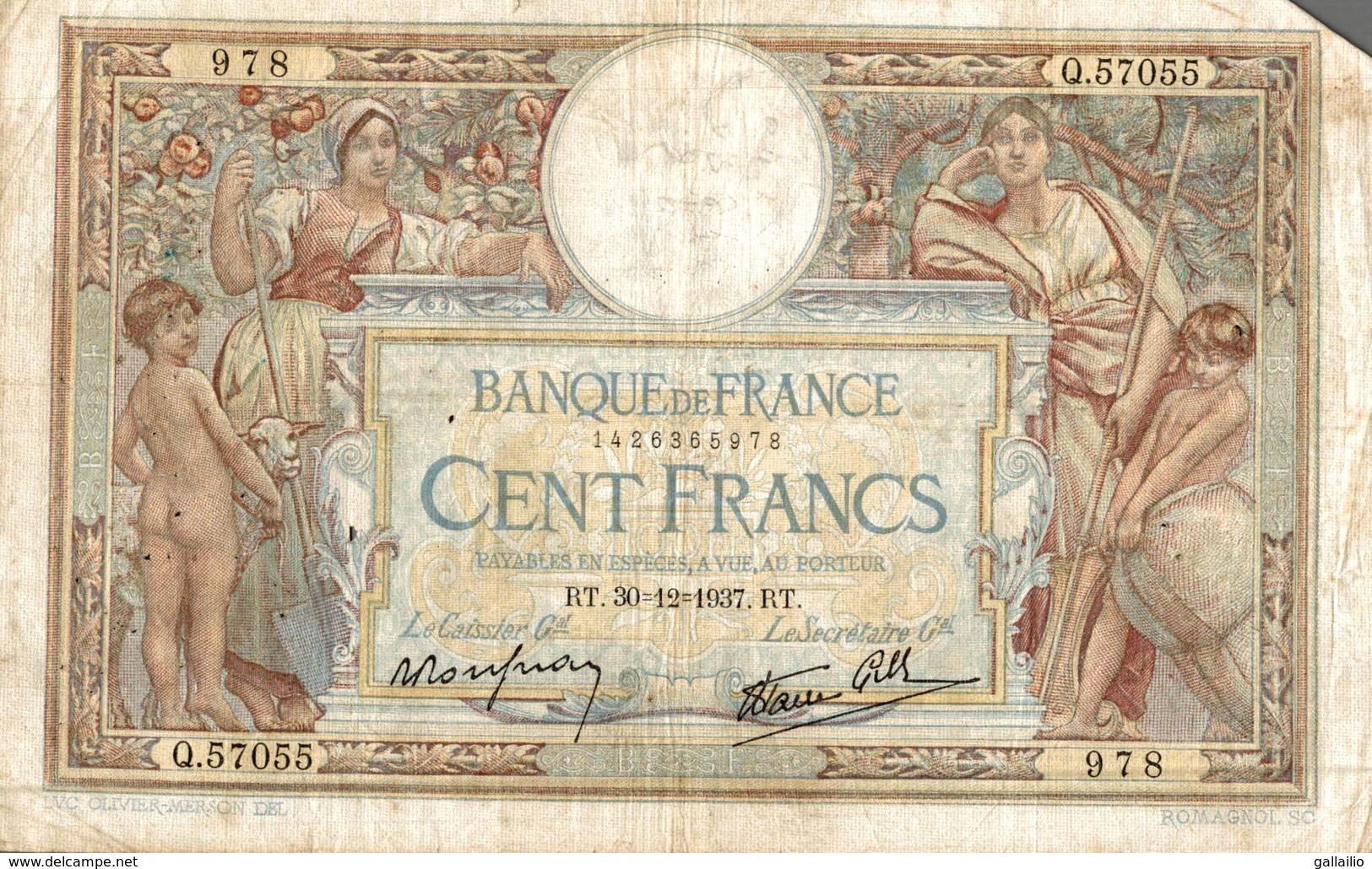 BILLET DE 100 FRANCS DE 1937 - 100 F 1908-1939 ''Luc Olivier Merson''