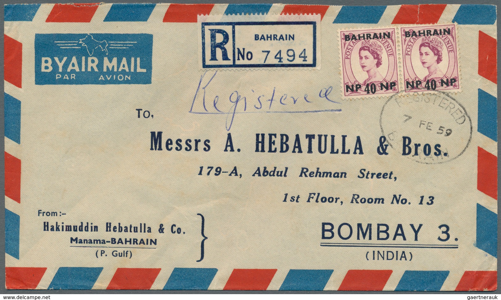 Bahrain: 1960. Registered Air Mail Envelope Addressed To Lndia Bearing SG 110, 40n.p. On 6d Purple ( - Bahrein (1965-...)