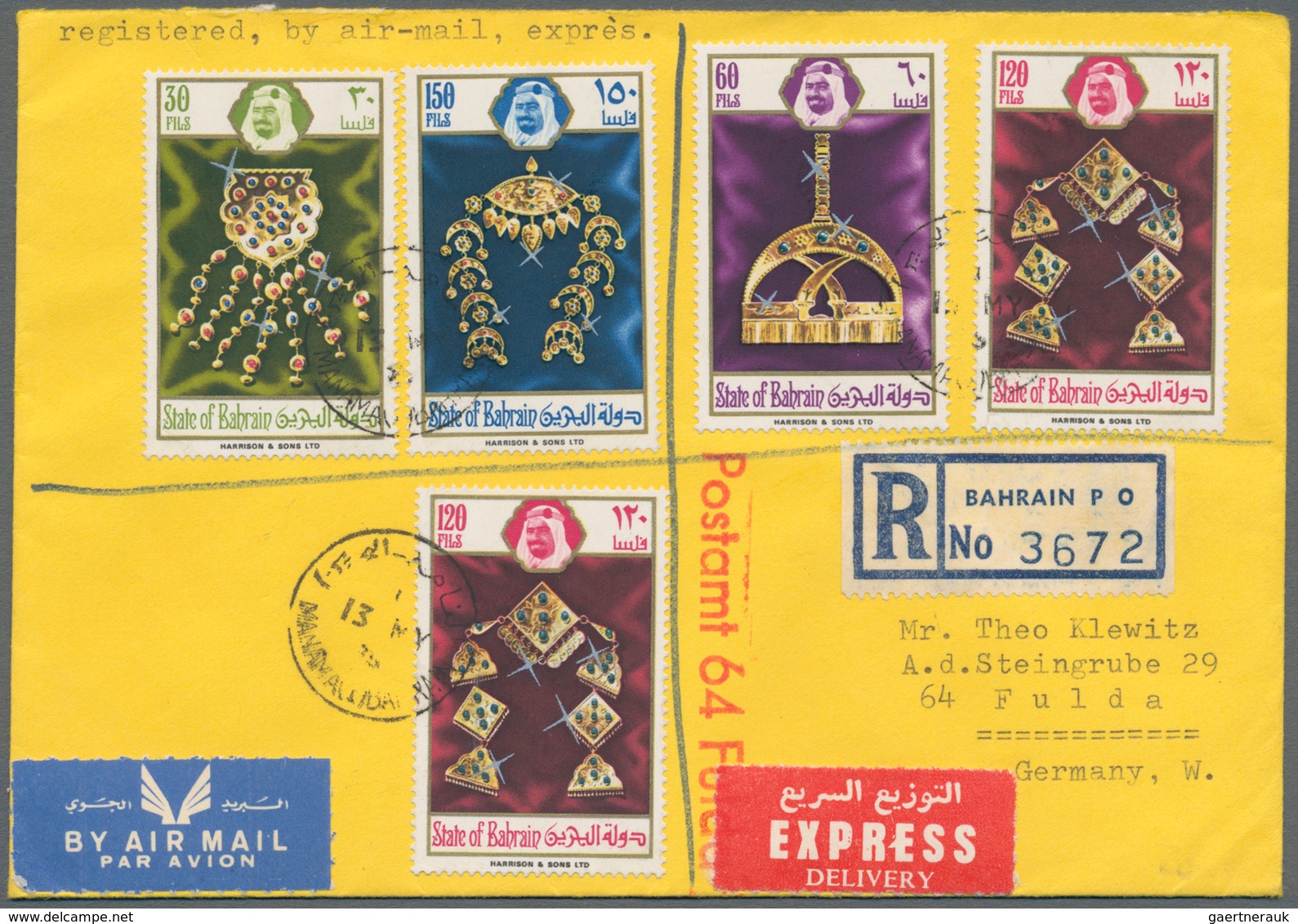 Bahrain: 1975, Jewelry, Two Complete Sets On Front/on Reverse Of Airmail Registered Express Letter F - Bahrein (1965-...)