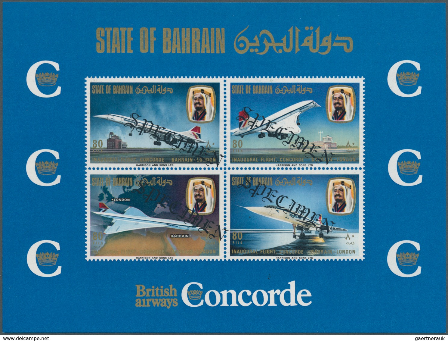 Bahrain: 1976, Concorde First Flight Bahrain-London, Souvenir Sheet With Four Diagonal Black SPECIME - Bahrein (1965-...)