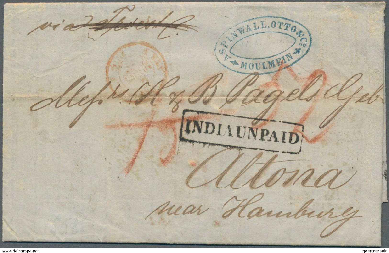 Birma / Burma / Myanmar: 1858 Stampless Letter From Moulmein To Altona Near Hamburg, Germany Via Cal - Myanmar (Burma 1948-...)